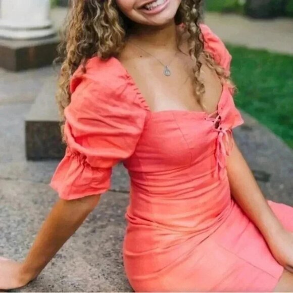 Aritzia Wilfred Stanza Mini Dress Linen Puff Sleeve Coral Pink Corset Size XXS - Picture 7 of 16